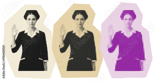Vintage style halftone collage of a female nurse making a professional pledge or oath with hand raised