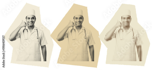 Male Nurse Telehealth Consultant Halftone Graphic Art, Medical Professional Call Center Concept