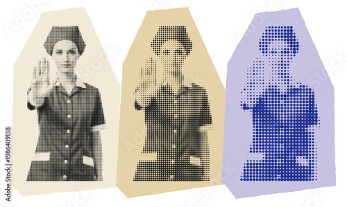 Vintage Nurse Halftone Pop Art Illustration, Retro Healthcare Professional Stop Gesture, Medical Safety Concept