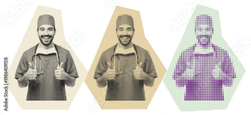 Smiling young adult male surgeon in scrubs giving thumbs up in retro pop art halftone collage style