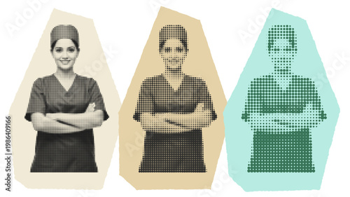 Retro Halftone Pop Art Illustration of Female Nurse in Scrubs for Healthcare Advocacy and Marketing