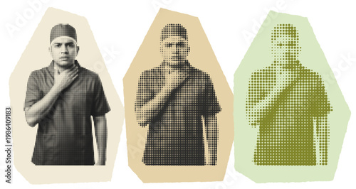 Male Surgeon with Sore Throat Halftone Graphic Art, Medical Professional in Pain