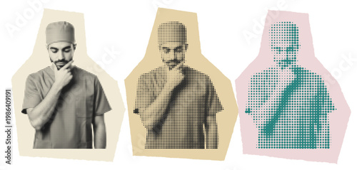 Thoughtful Male Surgeon in Scrubs with Halftone Pop Art Graphic Design