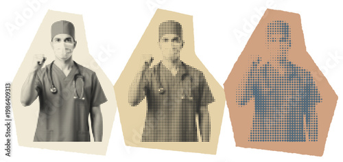 Male surgeon in scrubs raising fist for healthcare worker solidarity and advocacy graphic