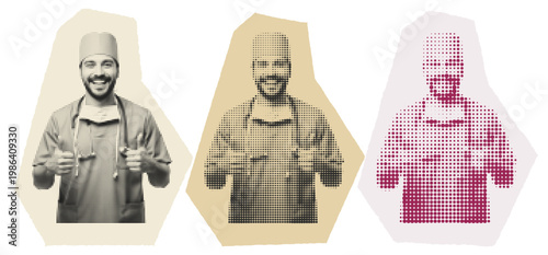 Young male doctor in scrubs giving thumbs up in pop art halftone style for digital health awareness