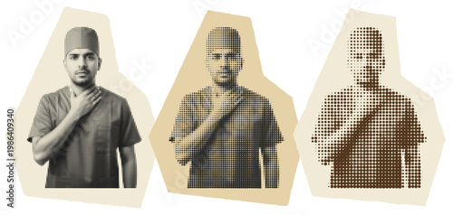 South Asian male doctor touching throat in halftone graphic style for medical awareness