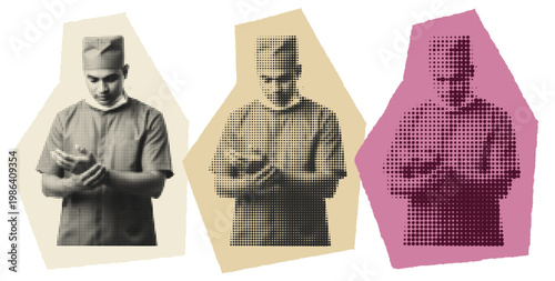 Male surgeon in scrubs looking down in reflection, halftone pop art style for medical burnout awareness