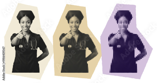 Black female nurse pointing in retro halftone collage for medical recruitment and diversity