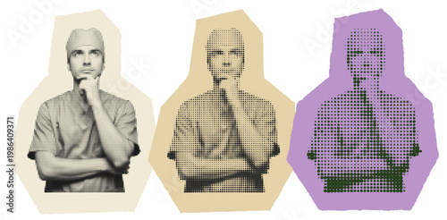 Thinking Male Surgeon in Scrubs with Halftone Pop Art Effect