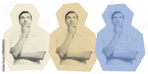 Thoughtful Caucasian Man in Halftone Pop Art Style, Creative Thinking and Problem Solving Concept