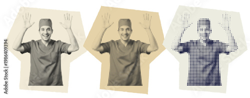 Overwhelmed male nurse in scrubs with hands up, halftone medical burnout concept