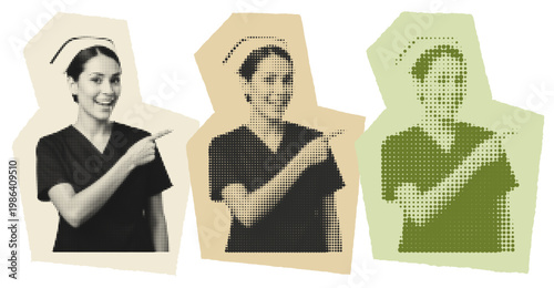 Vintage Halftone Nurse Pointing Graphic, Public Health Awareness Campaign Element