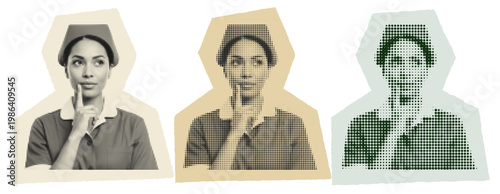 Thinking Nurse in Halftone Pop Art Style, Retro Healthcare Professional Illustration