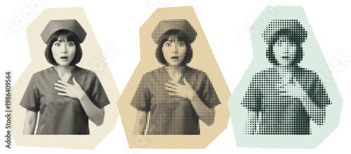Surprised Asian Nurse Pop Art Collage, Retro Halftone Medical Professional Graphic