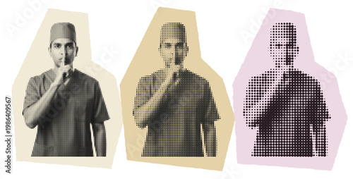 Male surgeon in scrubs making shhh gesture for medical confidentiality and patient privacy halftone art