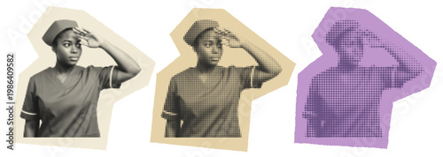 Visionary Black female nurse saluting in retro halftone pop art collage style
