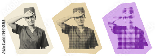 Exhausted Female Surgeon Suffering From Burnout, Halftone Pop Art Style Illustration