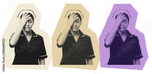 Stressed Nurse with Migraine Headache Pop Art Halftone Graphic