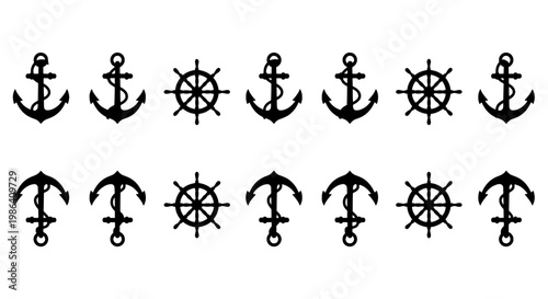 Nautical symbols featuring anchors and ship wheels on a plain background
