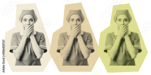 Shocked Nurse in Halftone Pop Art Style, Medical Professional Silence Concept