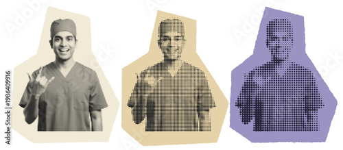 Young South Asian Male Nurse in Scrubs Showing Rock On Sign Halftone Pop Art
