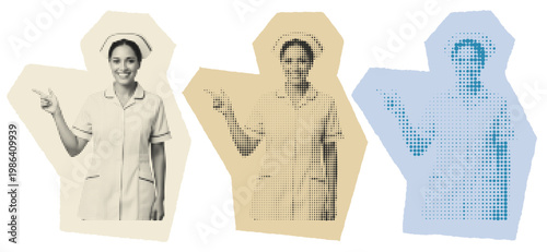 Vintage Nurse Pop Art Collage, Retro Healthcare Professional Pointing, Mid Century Medical Graphic