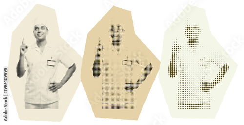 South Asian male nurse pointing up halftone graphic for healthcare awareness and medical education
