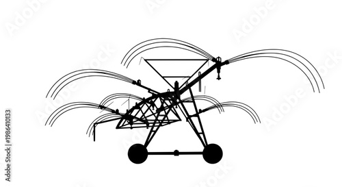A black illustration of a farming tool with spinning wheels and blades in motion