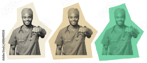 Black Male Nurse in Scrubs Giving Fist Bump, Medical Solidarity Pop Art Collage