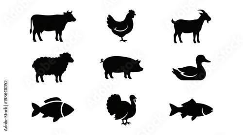 Farm Animal Silhouettes Collection Cow Chicken Pig Sheep Duck Fish