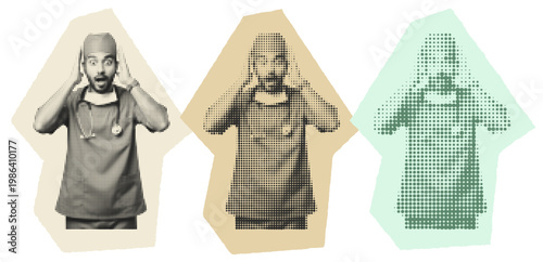 Surprised Male Surgeon in Halftone Pop Art Style, Medical Burnout and Stress Concept