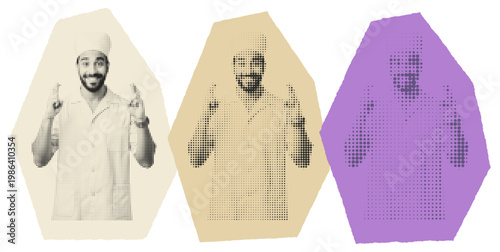 Young Middle Eastern Chef Crossing Fingers for Luck, Halftone Pop Art Collage