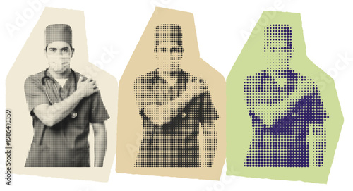 Male surgeon in scrubs with shoulder pain representing medical burnout and physical strain halftone art