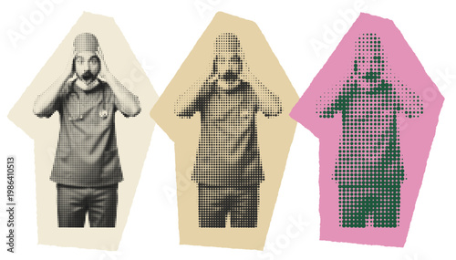 Overwhelmed male doctor with stethoscope in scrubs halftone pop art collage for healthcare burnout