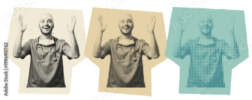Happy young male surgeon celebrating medical success in pop art halftone style collage