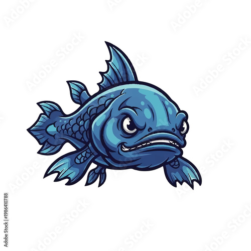 Angry blue cartoon fish with sharp teeth and fins.