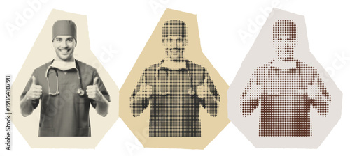 Smiling male doctor in scrubs showing thumbs up in three digital halftone and pixelated styles