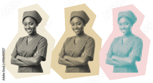 Black Female Nurse Halftone Pop Art Collage, Healthcare Worker Graphic