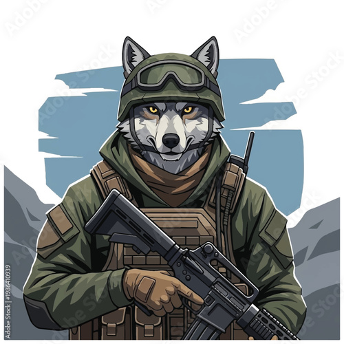 Anthropomorphic wolf soldier wearing military uniform and holding rifle.
