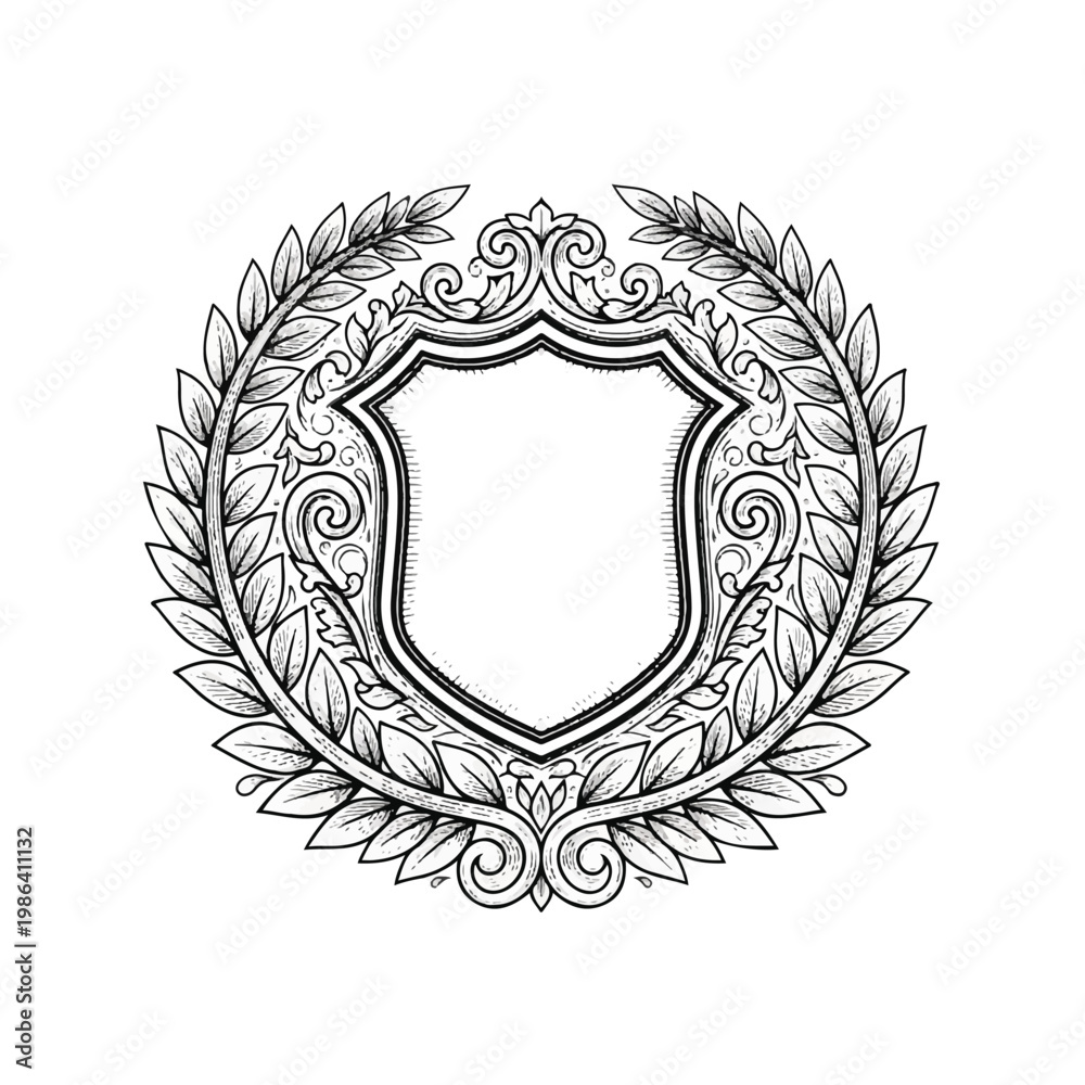 Fototapeta premium Blank Shield Crest Surrounded by Laurel Wreath Decorative Element.