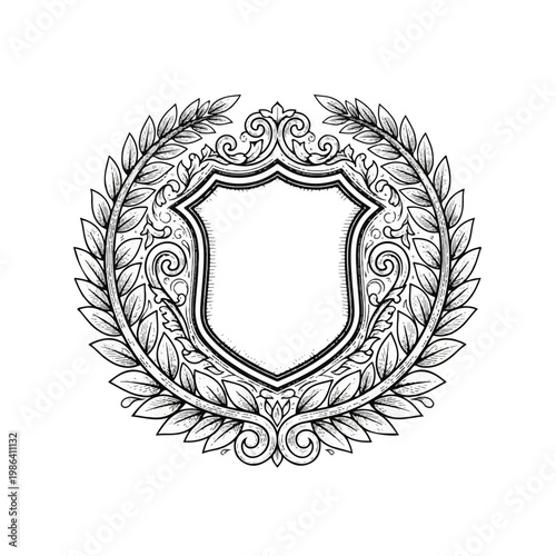 Blank Shield Crest Surrounded by Laurel Wreath Decorative Element.