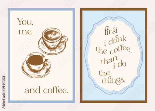 Coffee typography poster set with vintage espresso cup illustration kitchen wall art printable cafe quote posters. Set of two coffee typography posters with espresso cup illustration. Doodle poster