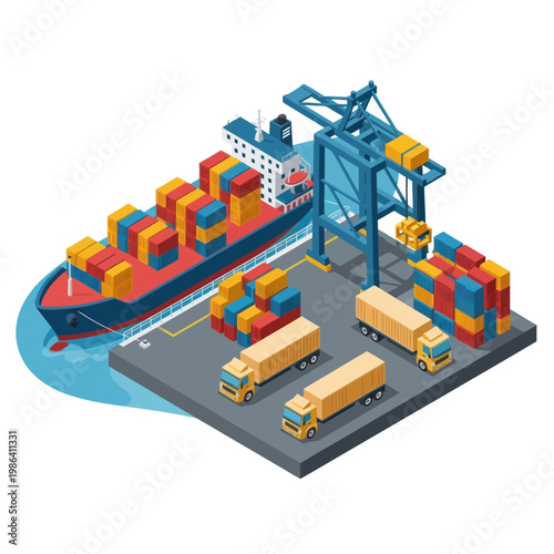 Isometric Port Scene - Cargo Ship, Crane, Trucks, and Container Stacks.