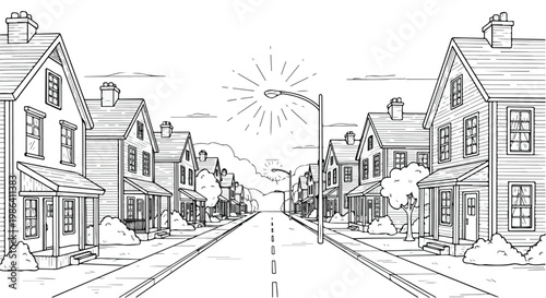 Perspective sketch of a suburban street road