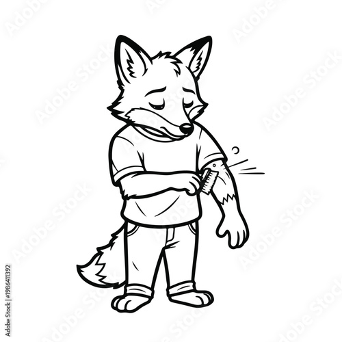 Cartoon fox with itchy arm scratching.