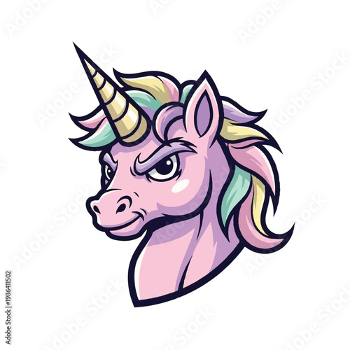 Cartoon Unicorn Head with Angry Expression and Colorful Mane.