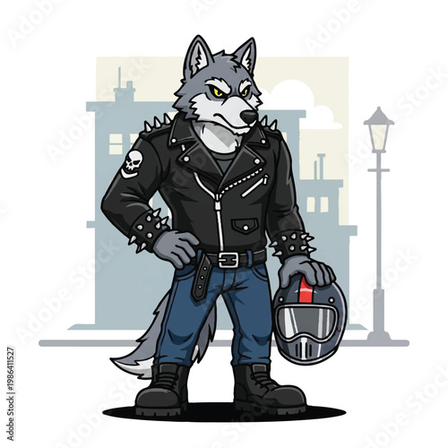 Cartoon wolf character dressed as a biker holding a helmet.