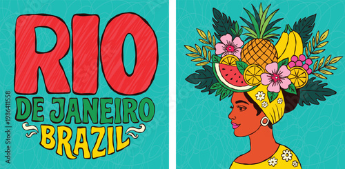 Rio de Janeiro Brazil Illustration with Tropical Woman and Fruit Headpiece for travel carnival posters, cultural designs, summer themes, and tropical branding projects.