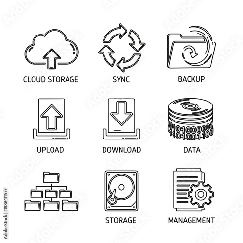 Cloud storage upload download sync backup data management icons.
