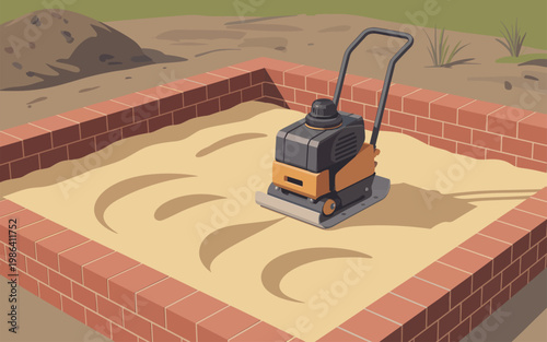 A construction worker compactor machine smooths sand within a brick-lined square pit outdoors.